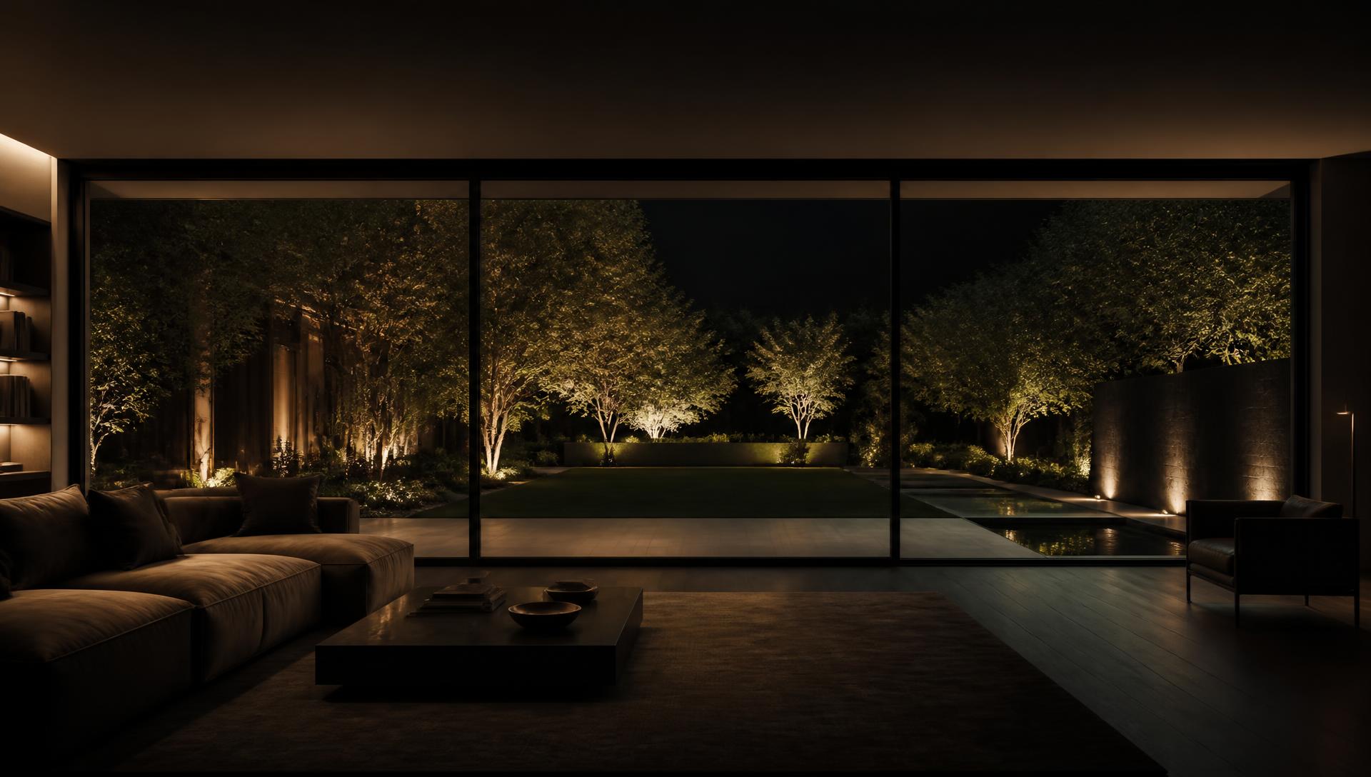 Vast large-format aluminium sliding glass wall in a dark contemporary living space at night